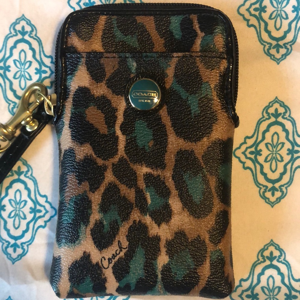 Coach leopard/ teal wristlet